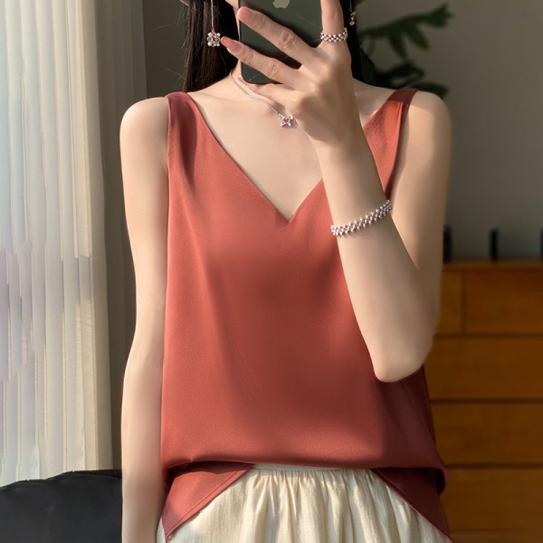 Silkeslen axelbandsväst för kvinnor 2024 sommar ny slim-fit V-ringad kort elegant inre topp T-shirt Brick Red XXL