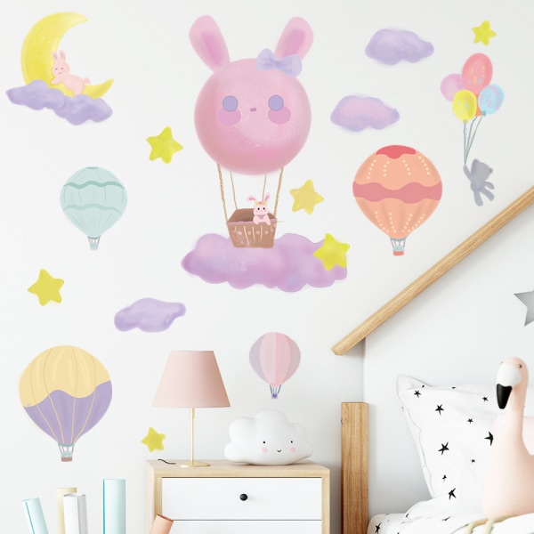 Varmluftsballongväggklistermärken Moln Måne Kanin Väggdekor DIY Vinyl Väggmålning Konst för barn Baby Nursery Sovrum Vardagsrum Lekrum