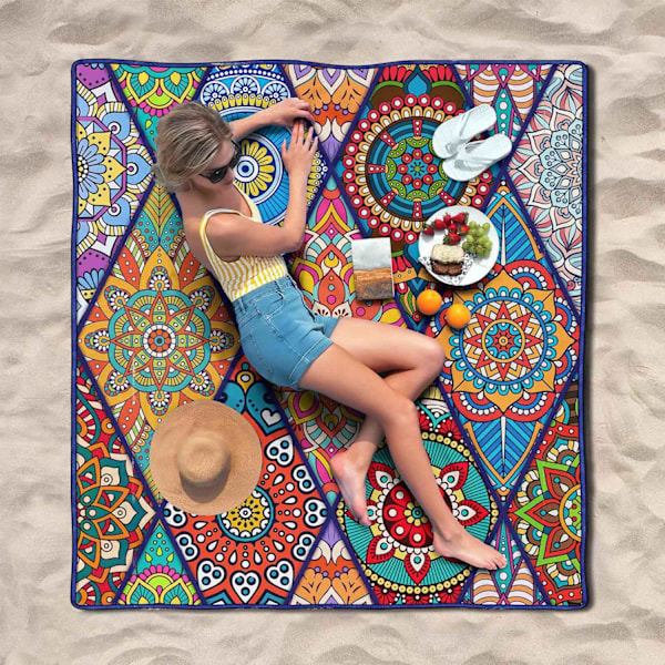Vanntette Pikniktepper Sammenleggbare og Bærbare 203x203 cm Boho Piknikmatte for Utendørsbruk, Stort Vaskbart Piknikteppe for Reise og Camping