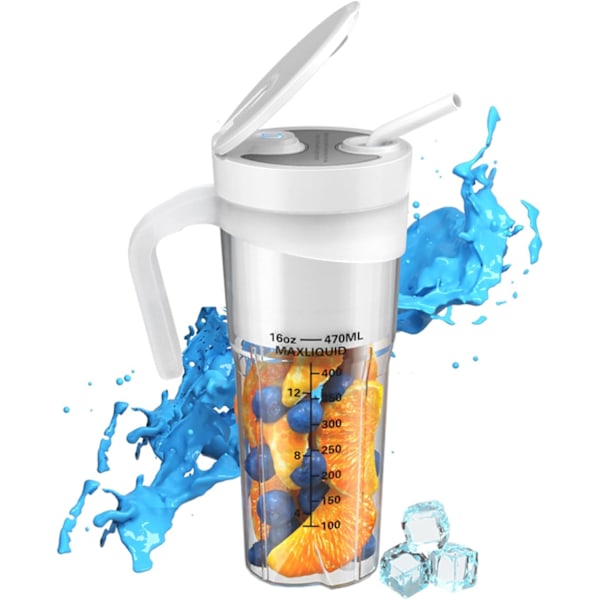 Bærbar Blenderkopp Personlig Størrelse Juicer Ledningsfri Vanntett 470ml/16oz 6 Blader Egnet for Juice Smoothies Shakes LB40 White
