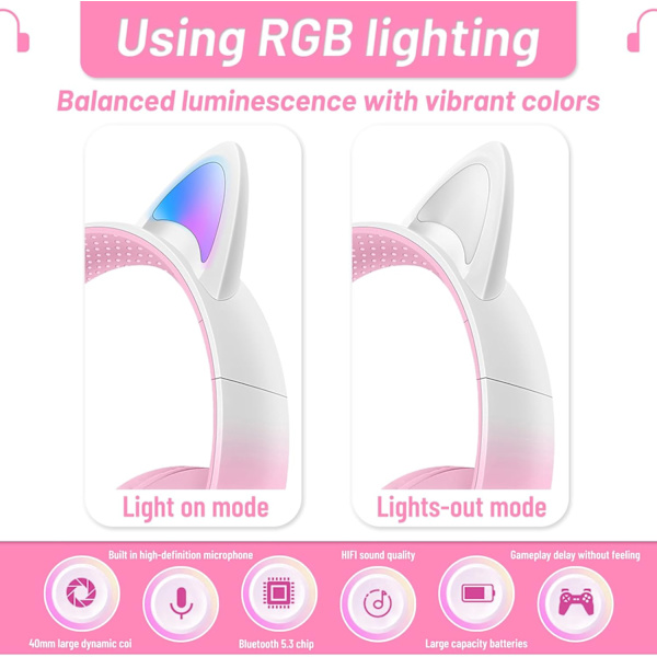 Bluetooth-hodetelefoner for barn, søte ørekatteører LED-lys opp sammenleggbare hodetelefoner Stereo Over Ear med mikrofon/TF-kort Trådløse hodetelefoner for iPhon Soft Pink