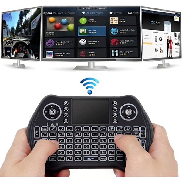 Bakgrundsbelyst 2,4 GHz Mini Trådlöst Tangentbord Fjärrkontroll med Touchpad Mus Combo med USB Dongle Laddningsbar Li-ion Batteri