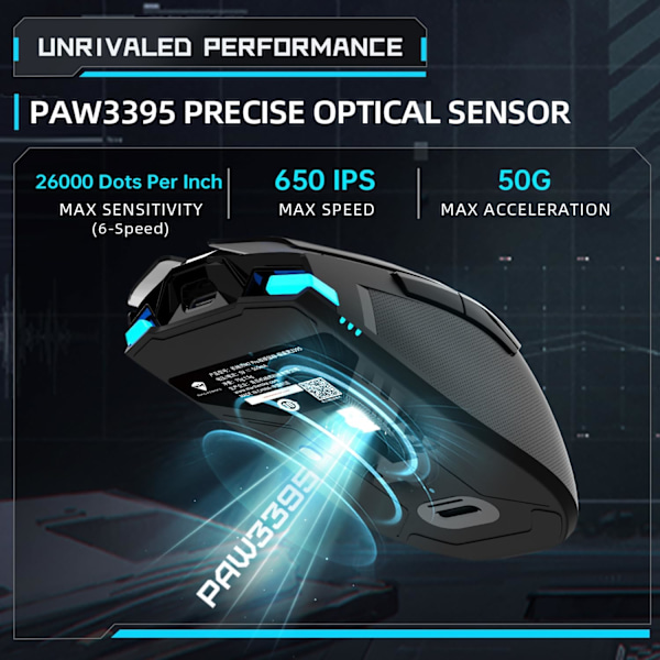 Trådløs Gaming Mus, 26.000 DPI, PAW3395 Sensor, RGB Baggrundsbelysning, Ergonomisk Design, 6 Programmerbare Knapper, Lang Batterilevetid, Ultralet Black M7 Pro
