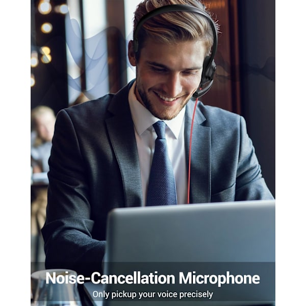HW02 USB-headset med mikrofon brusreducering och inbyggd kontroll, superlätt, ultrabekvämt datorheadset för bärbar dator, on-ear trådbundet kontorsheadset Black