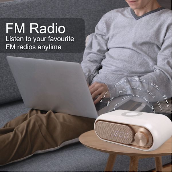 Trådlös laddning Bluetooth-högtalare LED digital väckarklocka FM-radio Bluetooth-högtalare med trådlös laddare vit spray guld 10W