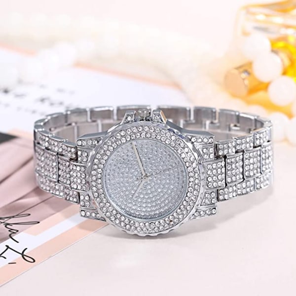 Luksuriøs dameklokke med kvartsurverk, krystallrhinestone-diamantklokker for kvinner, armbåndsur i rustfritt stål med full diamanter