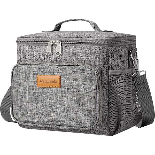 Lunchväska för kvinnor/män, isolerad lunchkylväska för vuxna, hopfällbar läckagesäker lunchväska med justerbar axelrem för arbete kontor picknick B Gray Medium