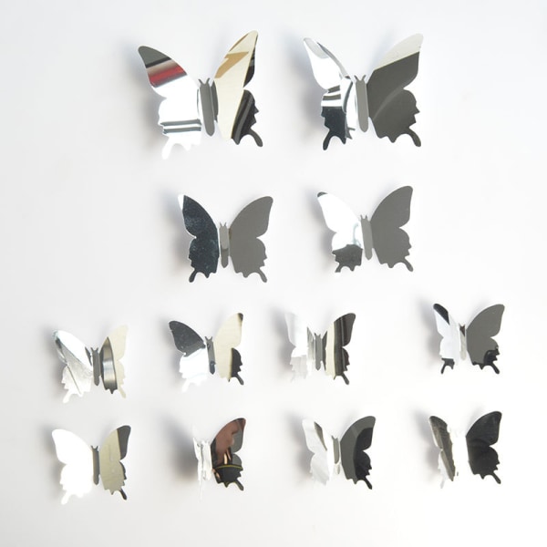 48 st 3D spegel fjäril väggklistermärken dekaler DIY ihålig fjäril väggdekor för heminredning, 3 storlekar (silver)