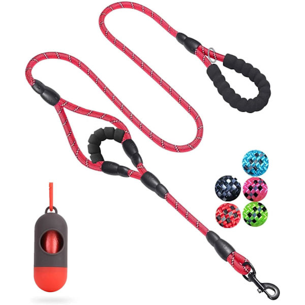 Hundehalsbånd, 5 FT Heavy Duty Dobbelthåndtak Hundeleie med Komfortabel Polstret og Reflekterende, Tau Hundeleier for Små, Mellomstore, Store Hunder (Tau-Rød) Red Large,Medium,Small