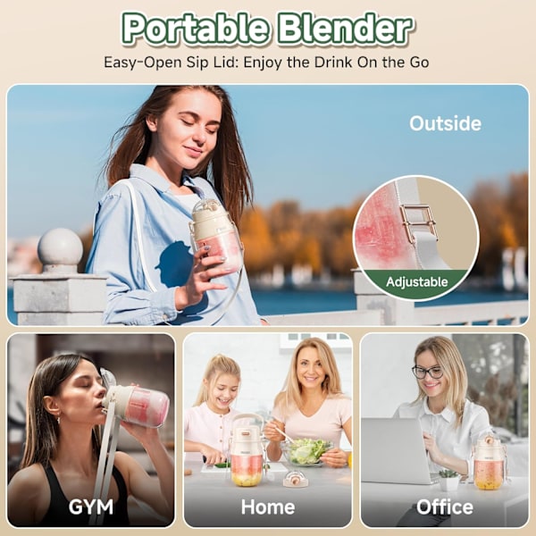 Bärbar Blender, Personlig Blender för Shakes och Smoothies med 27oz Mugg, Lock och Axelrem, Typ-C USB Laddningsbar