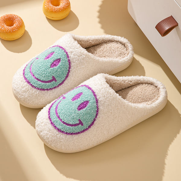 Bekväma Smiley Face Plyschtofflor Mysiga Plysch Varma Slide on Hustomtofflor med Minnesskum Hem Slip-on Pälstofflor Dämpade Tofflor