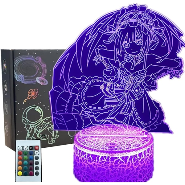 Anime Date A Live Figur Tokisaki Kurumi 3D Hologram Lampe USB Nattelys LED Illusionslampe Fjernkontroll+Berøringsbordlampe Hjemmedekor Kawai-Lava Base