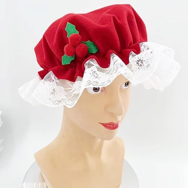 Fru Claus hatt, tomtemor mössa, juldräkt accessoarer spets vit trim hatt elastiskt band för vuxna jul nyår