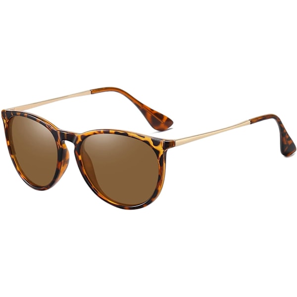 Solbriller til kvinder og mænd - Vintage polariserede retro solbriller til kvinder - Runde klassiske solbriller med UV-beskyttelse Leopard Tea