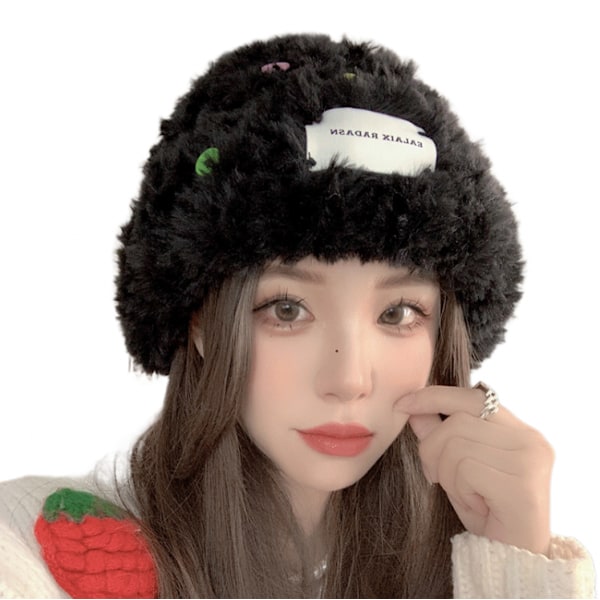 Vinter Faux Fur Bucket Hat, Fluffy Fuzzy Varme Hatter, Plysj Fiskerlue, Pelsaktig Puffy Fedora Hatter（Svart）
