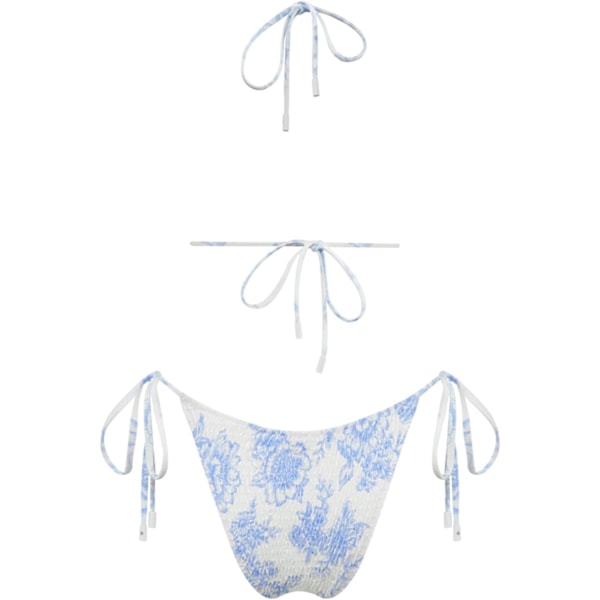 WJSM Dam Triangle Bikini String Baddräkt Print Tie Smocked Ruched Tvådelad Baddräkt Set Light Blue S