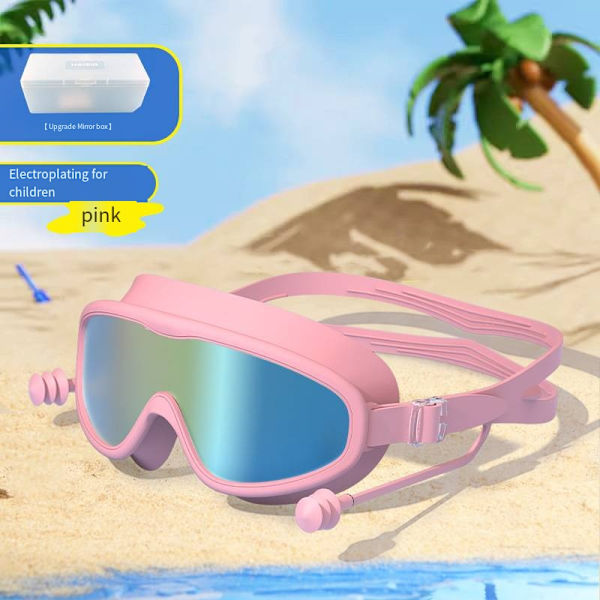 Vuxen Stora Ram Simglasögon Vattentäta Anti-fog HD Simglasögon En-delad Öronpropp Silikon Barn Simglasögon Pink[Plating]-Boxed Kid