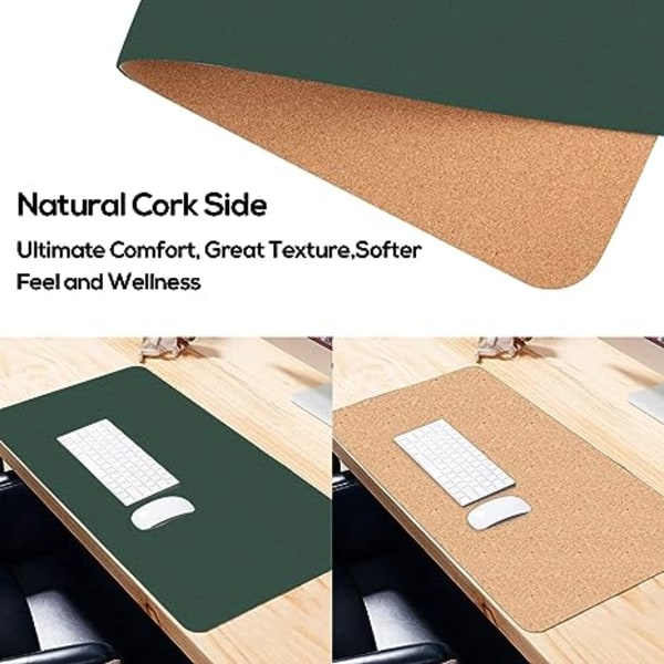 Stor vattentät tangentbordsdyna i naturlig kork och läder, kontor/hem/spel/dekorativ skrivbordsmusmatta (mörkgrön, 23,6 x 11,8 tum)