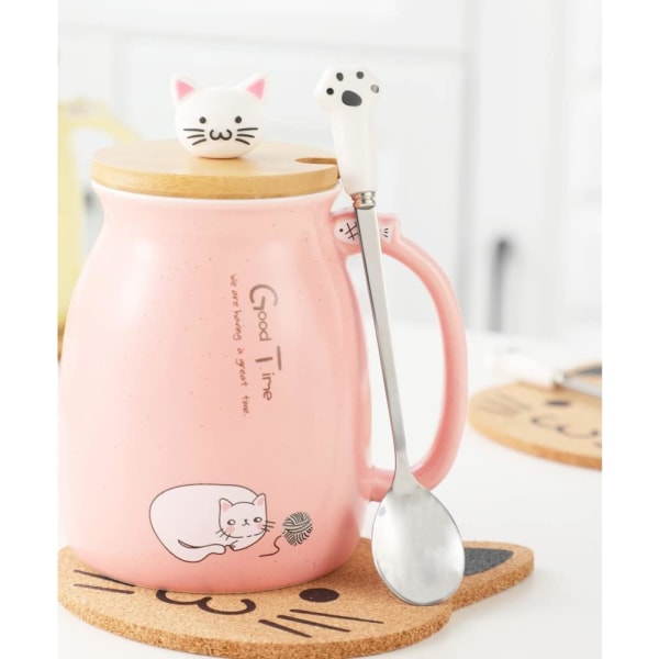 Kattmugg Söt keramisk kaffekopp med härligt Kitty-lock, Cat Paw-sked, kawaii-underlägg, Novelty Morning Cup Tea Milk Julmugg, Rosa