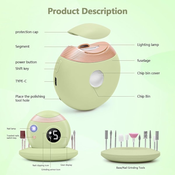 Oppgradert 3-i-1 Ledningsfri Negleboremaskin Elektrisk Fil, Bærbar Elektrisk Neglesaks, Neglestellsett med UV-lys for Akryl Gel Green