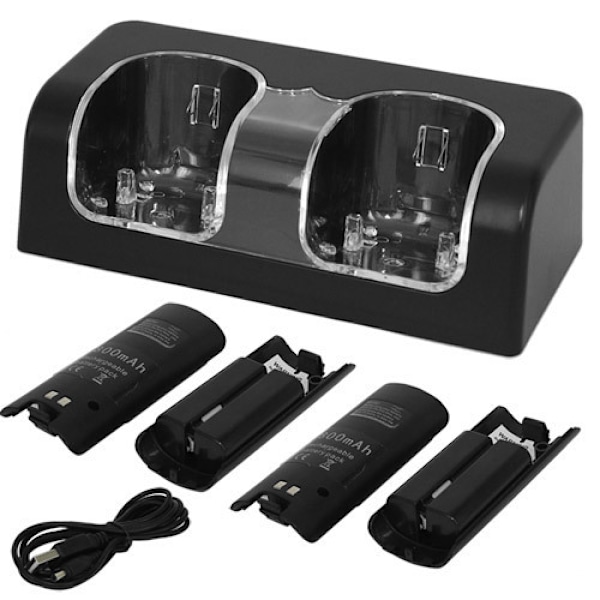 For Nintendo Wii U Dual Remote Controller Lader Ladestasjon + 2x Oppladbare Batteripakke Tilbehørspakke, Svart