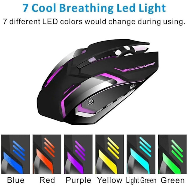 Laddningsbar Trådlös Bluetooth-Spelmus med 7-Färgad Regnbågs-RGB-Andningsbelysning och Justerbar DPI - Ergonomiskt Grepp, Tyst Klick