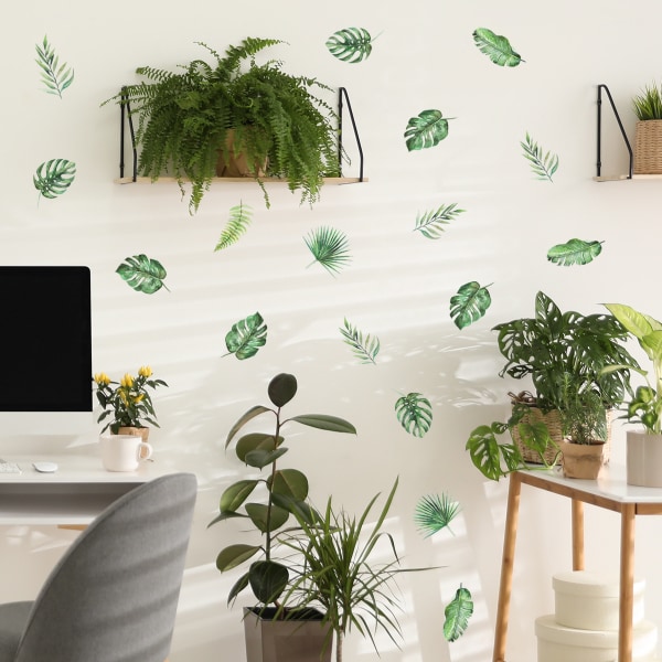 Vihreä lehtiseinätarra, akvarellilehtien seinätarra, kuori ja tarra kasvitieteelliset lehtitarrat makuuhuoneen olohuoneen seinäkoristeluun