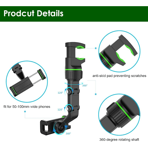 Multifunktionell backspegel telefonhållare, roterbar och infällbar, 360 roterande, lämplig för iPhone och smartphones Green