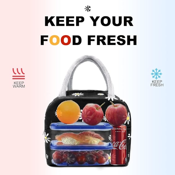 Isolerad lunchväska för kvinnor, återanvändbar söt tote lunchlåda för vuxna och män, läckagesäker kylväska för arbete, kontor, resor, picknick (svart med vit Black Daisy