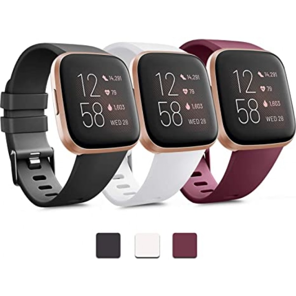 3 PAKKIA Pehmeää Silikonihihnaa Fitbit Versa 2 / Fitbit Versa / Fitbit Versa Lite - Klassisia Säädettäviä Urheilurannekkeita Naisille ja Miehille, Pienet ja Suuret (Ilman Tr