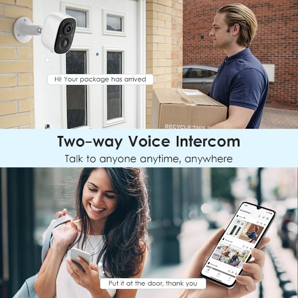 Trådløst sikkerhetskamera for utendørs bruk, 1080P fargenattssyn AI bevegelsesdeteksjon 2-veis samtale batteridrevet WiFi hjemmekamera innendørs IP65 værbestandig White