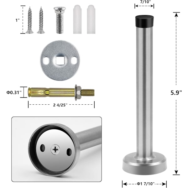 Dørstoppere, 6 tommer lang dørstopper, veggmontering, solid solid dørstopper i børstet rustfritt stål med myke gummistøtfangertupper Silver 6 Inch