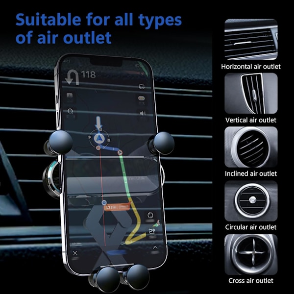 1 PC 360 graders justerbar bilmobiltelefonhållare, bilventilationshållare för telefon, gravitationsmekanisk bilmobiltelefonhållare Black
