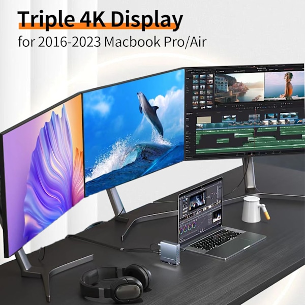15-i-1 bærbar dockingstation 4K@60Hz kompatibel med Mac Window Hp Thunderbolt 4(2 HDMI, DP, 100W PD, Ethernet, 5 USB-porte, SD/TF-kort, lyd)