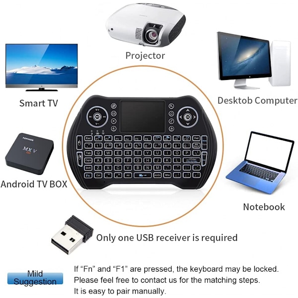 Taustavalaistu 2,4 GHz:n langaton mininäppäimistö, kaukosäädin, jossa kosketuslevyhiiri ja USB-dongle, ladattava litiumioniakku