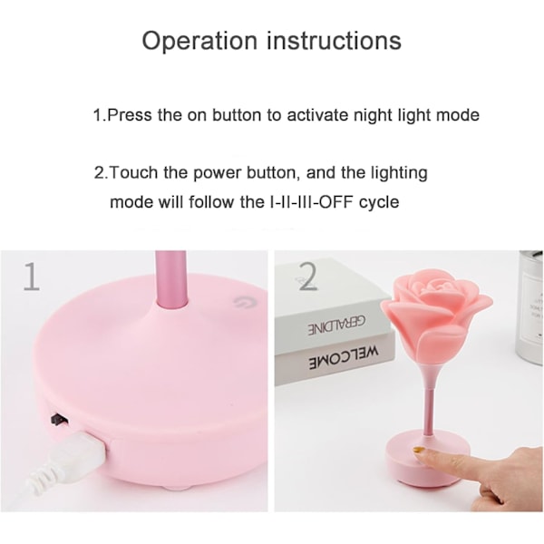 Blomsterbordlampe Stående Rosa Rose LED USB Sengelampe for Stue Kontor Lesing, Kreativ Valentinsdag Bursdagsgave til Elsker Kvinner