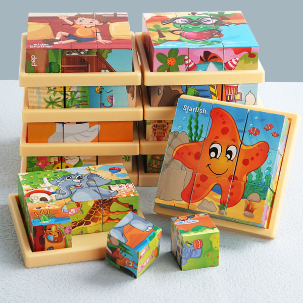 Träblockpussel Småbarn Barnleksaker Montessori-inlärningsspel Pedagogiska interaktiva leksaker för 3 4 5 Förskola med förvaringsfack - 6 pussel i 1
