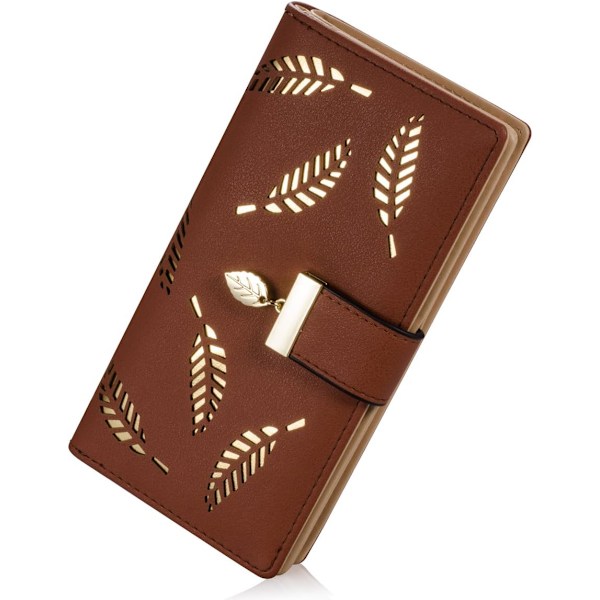 Lång Blad Damplånbok Bifold Läder Korthållare Plånbok Dragkedja Spänne Elegant Clutch Handväska för Kvinnor - Brun Brown