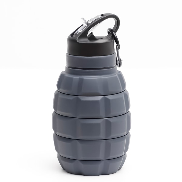 New foldable grenade water bottle food grade silicone riding hiking water bottle with carabiner drinking set light gray 580ML