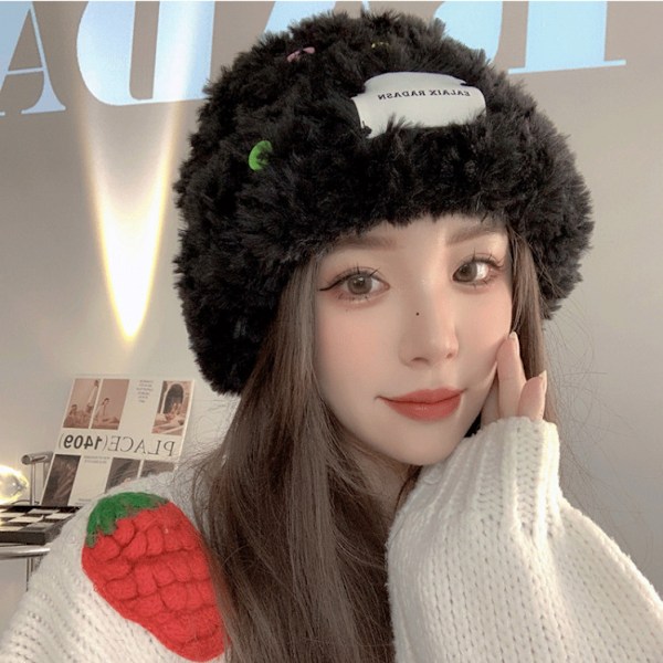 Vinter Faux Fur Bucket Hat, Fluffy Fuzzy Varme Hatter, Plysj Fiskerlue, Pelsaktig Puffy Fedora Hatter（Svart）