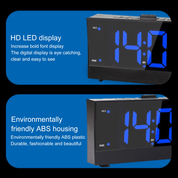 LED-projektionsväckarklocka Multifunktion Dubbel Hög Ljudlarm Klocka FM-radio med Dubbel USB-port för Sovrum