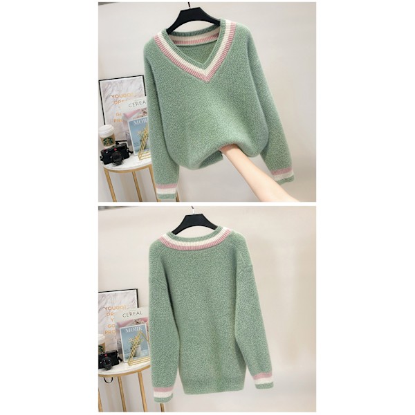 Dam V-ringad tröja stickad pullover jumper casual långärmad lös toppar stickade kläder