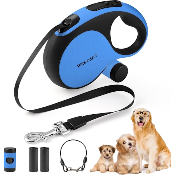 Inntrekkbar hundekobbel med tyggebestandig kabel, 26 fot tungt hundekobbel for små mellomstore store hunder opptil 110 pund, 360° uten floker, enhåndsbrems (B Blue Large - 26 ft