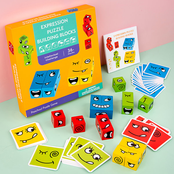 Träuttryck Matchande blockpussel Söta geometriska Emoji Byggkuber Pedagogiska Montessorileksaker