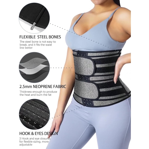 Neopren Taljetræner til Kvinder Slankning Body Shaper Talje Trimmer Cincher Svedbælte Gray Double Belt With Hook M