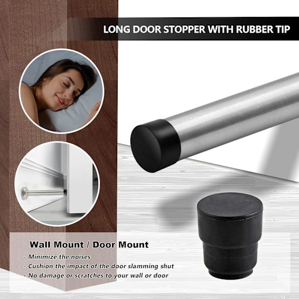Dørstoppere, 6 tommer lang dørstopper, veggmontering, solid solid dørstopper i børstet rustfritt stål med myke gummistøtfangertupper Silver 6 Inch
