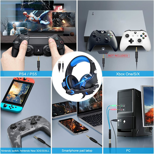 Gamingheadset för Xbox One, PS4, PC, Over Ear Gaming-hörlurar med brusreducerande mikrofon LED-ljus, Stereo Bass Surround, Mjuka minnesöronmuffar för