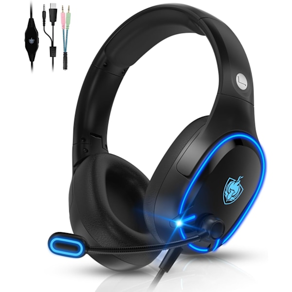 H-8 PC-spelheadset för PS4, PS5, handkontroll, Xbox One-headset med stereoljud, over-ear-hörlurar med brusreducerande mikrofon, LED-ljus, volym