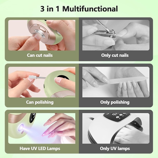 Oppgradert 3-i-1 Ledningsfri Negleboremaskin Elektrisk Fil, Bærbar Elektrisk Neglesaks, Neglestellsett med UV-lys for Akryl Gel Green