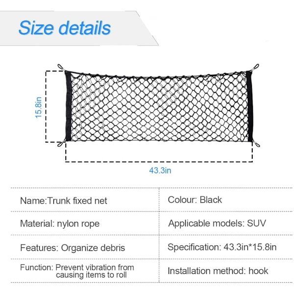 Bagasjeromsnett for bil, justerbart elastisk oppbevaringsnett, bagasjeromsnett, universell passform for bil, kjøretøy, SUV (43,3\"x 15,8\")